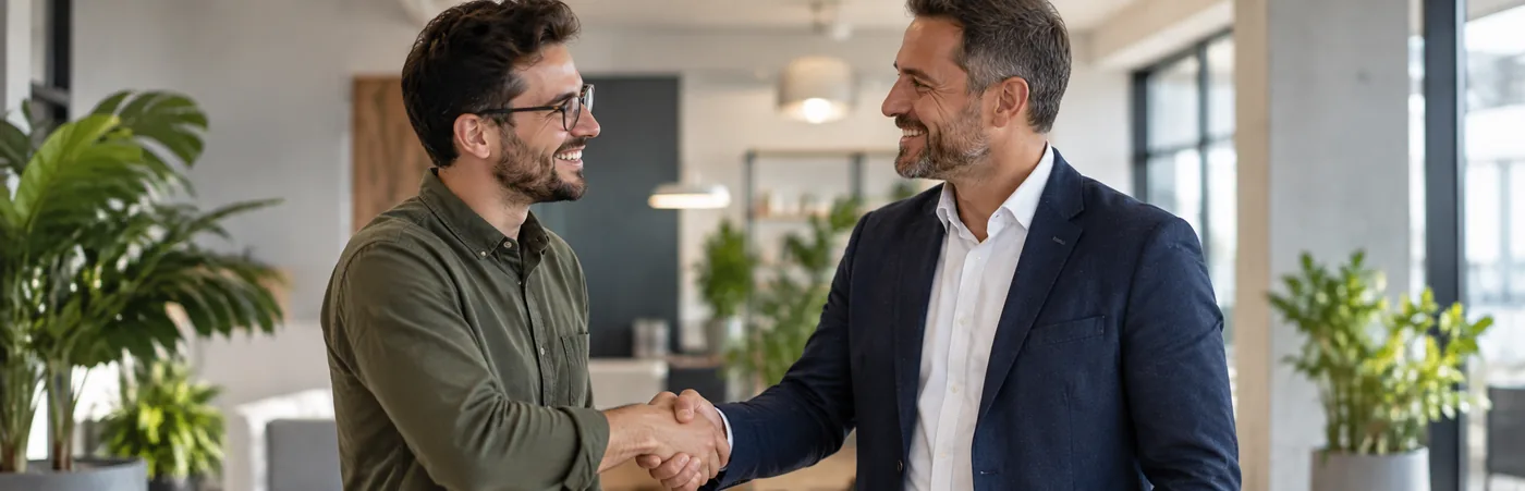 Two men shaking hands in a bright office