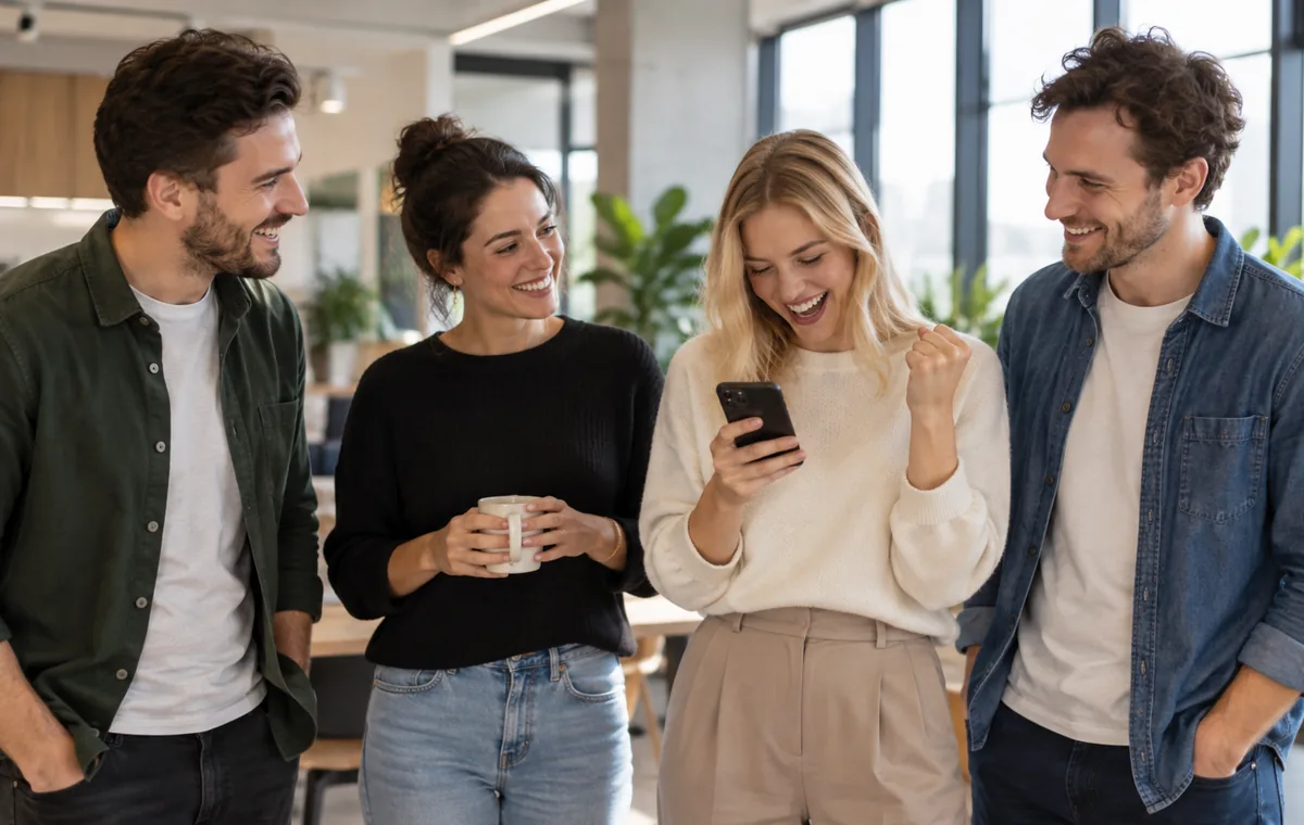 Four smiling colleagues in an office, one holding a phone
